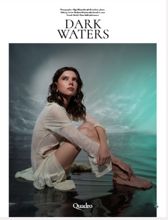 Страница Quadro Magazine с материалом «Dark Waters»: девушка с тёмными волнистыми волосами в светлой блузе сидит у воды